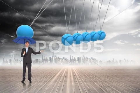 Composite image of peaceful businessman holding blue umbrella Stock Illustration