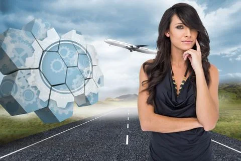 Composite image of pensive elegant dark haired model posing with finger on her Stock Illustration