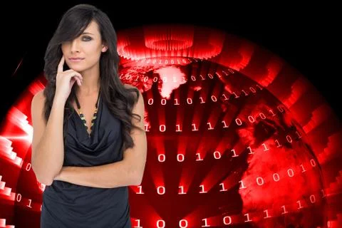 Composite image of pensive elegant dark haired model posing with finger on her Stock Illustration