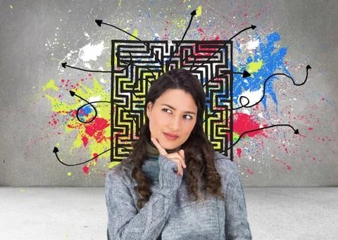 Composite image of pensive model wearing winter clothes holding her tablet Stock Illustration