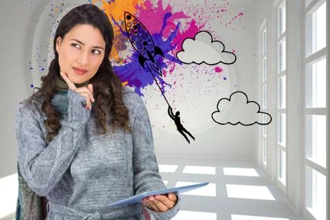 Composite image of pensive model wearing winter clothes holding her tablet Illustrazione stock