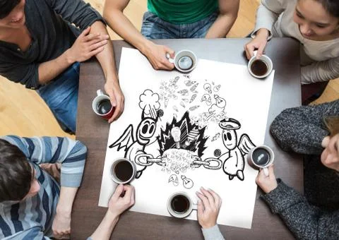 Composite image of people sitting around table drinking coffee Stock Illustration