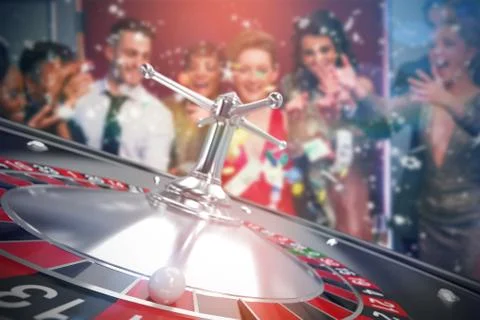 Composite image of people throwing chips and cash on 3d roulette table Foto stock