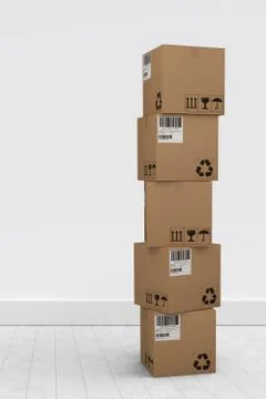 Composite image of pile of cardboard boxes on white background Stock Photos