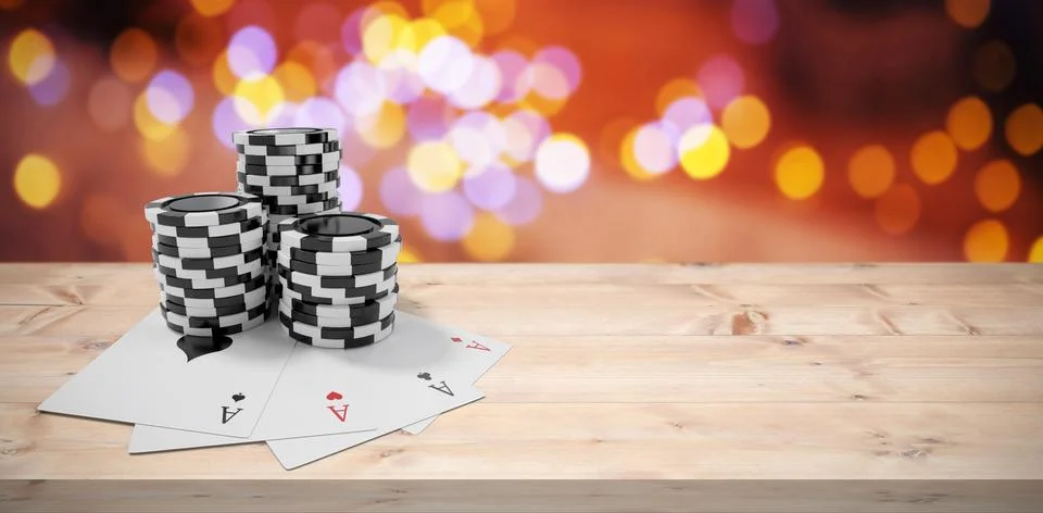 Composite image of playing cards with black casino tokens Illustrazione stock