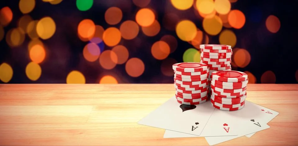 Composite image of playing cards with red casino tokens Stock Illustration