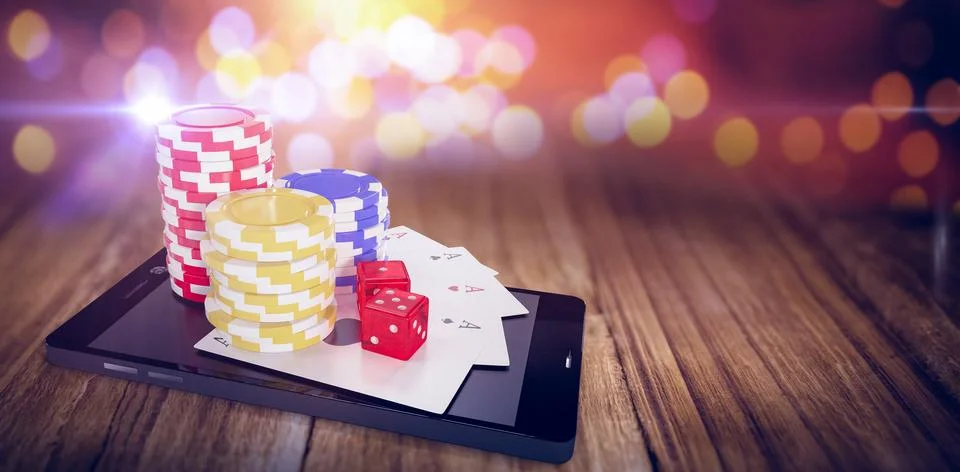 Composite image of playing cards with stack of casino tokens and dice on mobile Stock Illustration