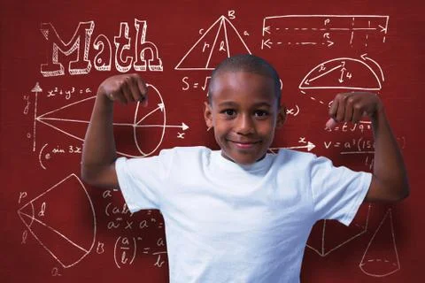 Composite image of portrait of boy flexing muscles Stock Photos