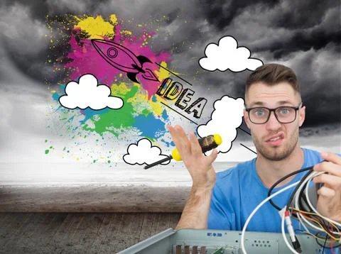 Composite image of portrait of confused it professional with screw driver and Stock Illustration