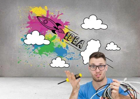 Composite image of portrait of confused it professional with screw driver and Illustrazione stock