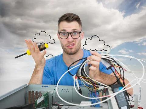 Composite image of portrait of confused it professional with screw driver and Illustrazione stock