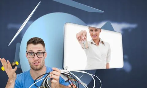 Composite image of portrait of confused it professional with screw driver and Stock Illustration