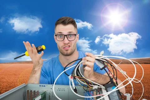 Composite image of portrait of confused it professional with screw driver and Stock Illustration