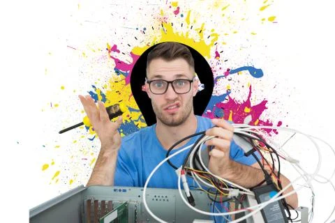 Composite image of portrait of confused it professional with screw driver and Illustrazione stock