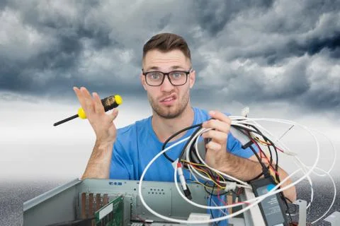 Composite image of portrait of confused it professional with screw driver and 库存插图