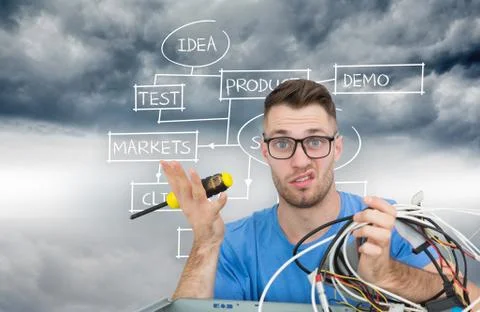 Composite image of portrait of confused it professional with screw driver and Stock Illustration