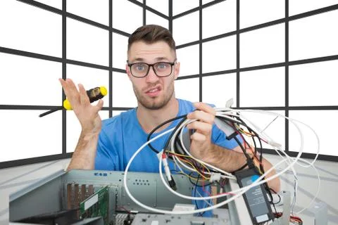 Composite image of portrait of confused it professional with screw driver and Stock Illustration