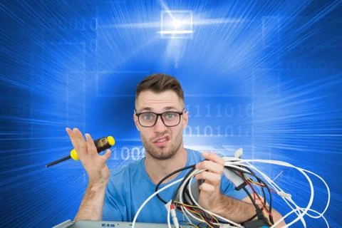 Composite image of portrait of confused it professional with screw driver and Illustrazione stock