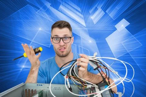 Composite image of portrait of confused it professional with screw driver and Stock Illustration