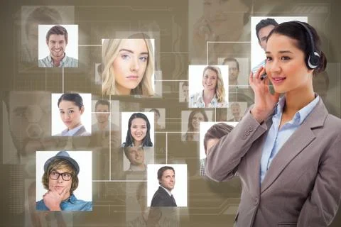 Composite image of portrait of a focused operator posing with a headset Stock Photos