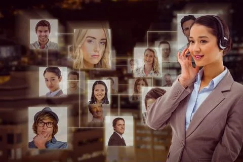 Composite image of portrait of a focused operator posing with a headset Stock Photos
