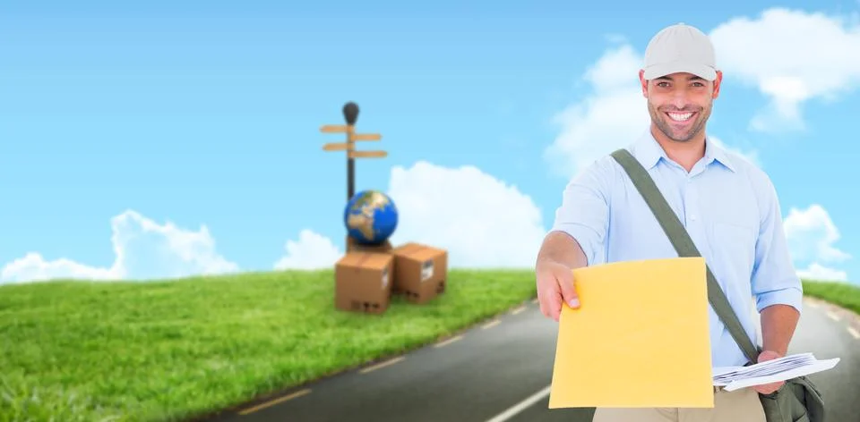 Composite image of portrait of postman delivering letter Stock Photos