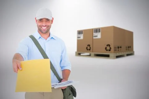 Composite image of portrait of postman delivering letter Fotos de archivo