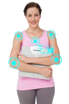 Composite image of portrait of a smiling young woman with weight scale Stock Illustration