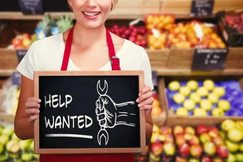 Composite image of portrait of smiling young woman holding chalkboard Stock Photos
