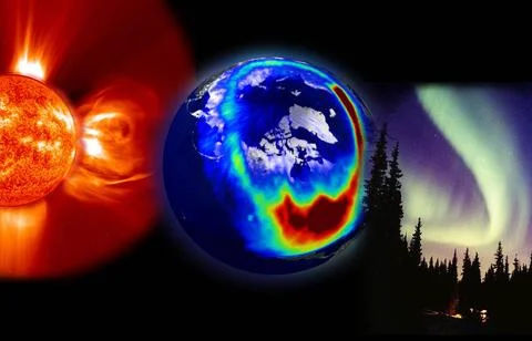 This composite image presents the three most visible elements of space wea... Stock Photos