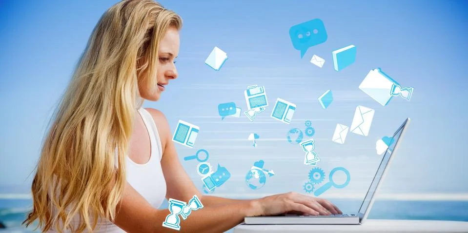 Composite image of pretty blonde using her laptop at the beach Stock Illustration
