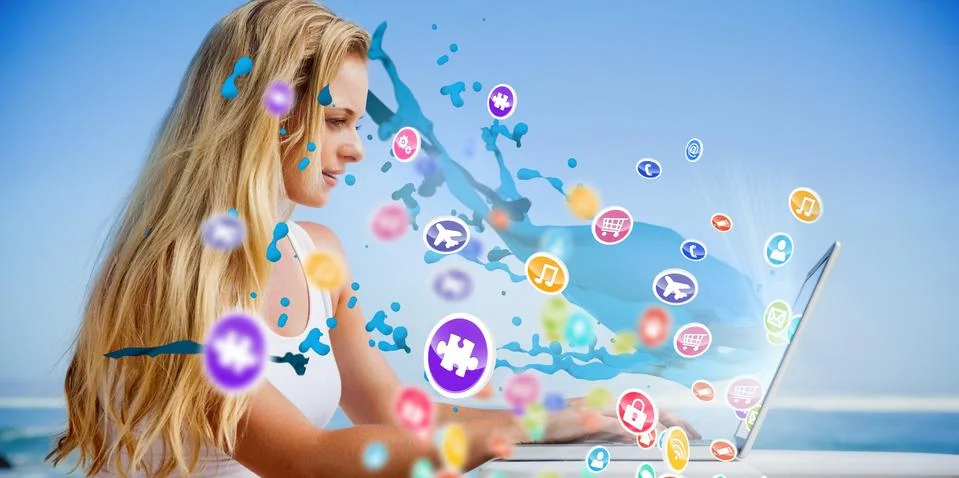 Composite image of pretty blonde using her laptop at the beach Stock Illustration