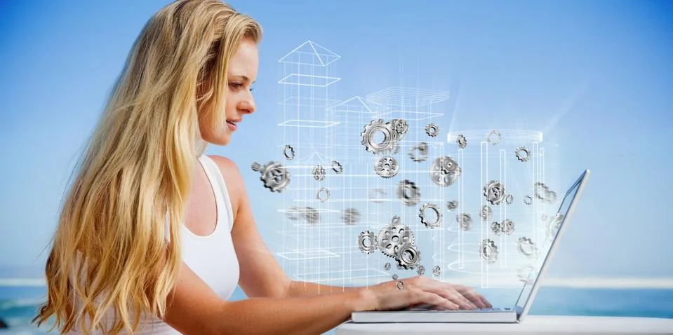 Composite image of pretty blonde using her laptop at the beach Stockillustratie