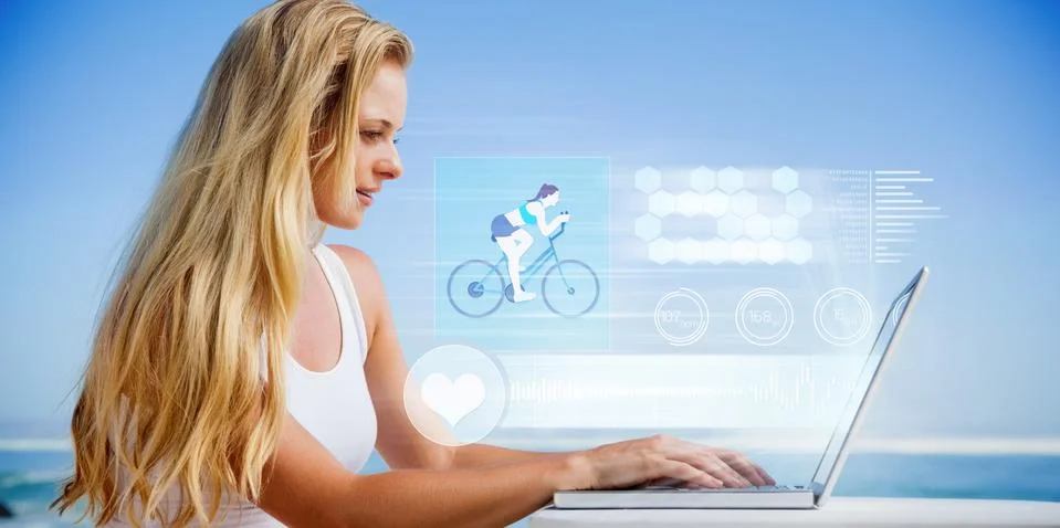 Composite image of pretty blonde using her laptop at the beach Stockillustratie