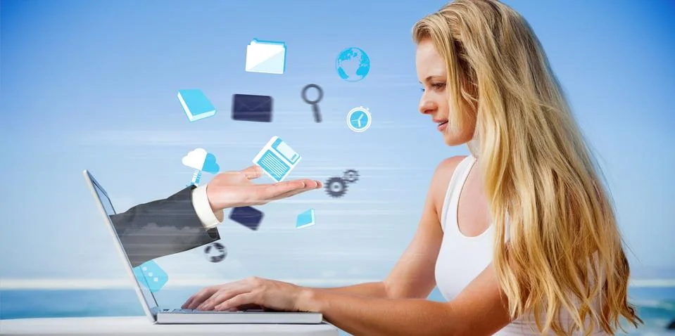 Composite image of pretty blonde using her laptop at the beach Stock Illustration