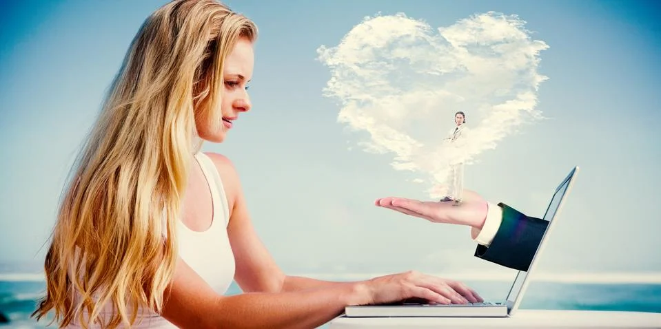 Composite image of pretty blonde using her laptop at the beach Stock Illustration