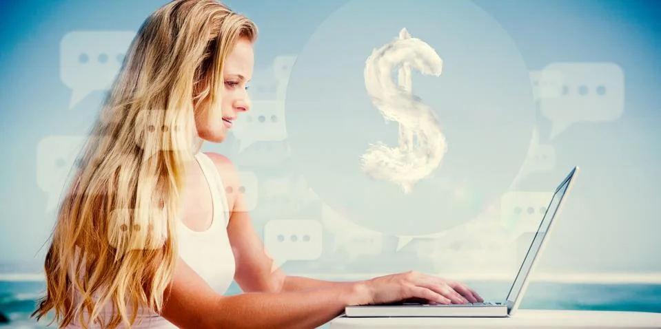 Composite image of pretty blonde using her laptop at the beach Stock Illustration