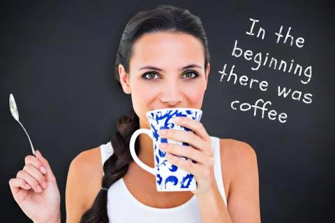 Composite image of pretty brunette having cup of tea Illustrazione stock