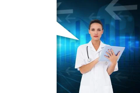Composite image of pretty nurse using tablet pc with speech bubble Illustrazione stock