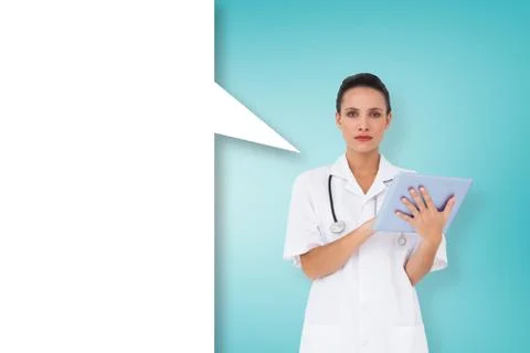 Composite image of pretty nurse using tablet pc with speech bubble 스톡 일러스트
