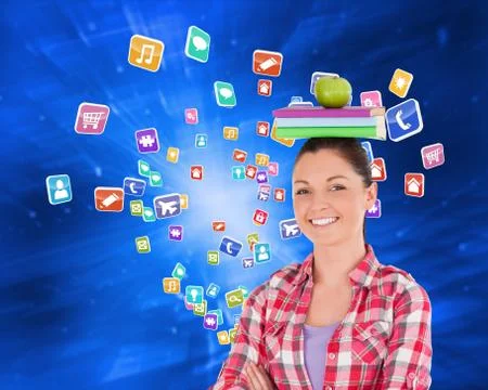 Composite image of pretty student holding an apple and books on her head Stock Illustration