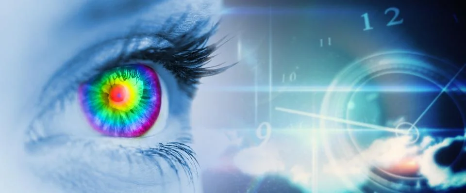 Composite image of pyschedelic eye on blue face 스톡 일러스트