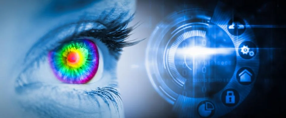 Composite image of pyschedelic eye on blue face Ilustración de archivo