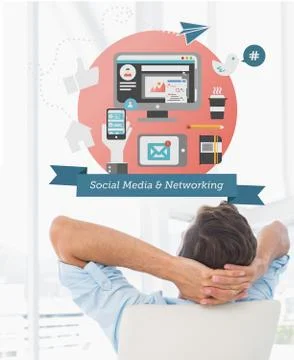 Composite image of rear view of a casual man resting with hands behind head in Stock Illustration