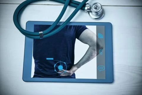 Composite image of rear view of a man with back pain Stock Photos