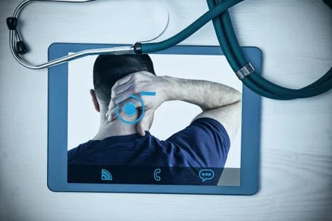 Composite image of rear view of a man with neck pain Stock Photos