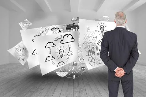 Composite image of rear view of serious businessman posing Ilustración de archivo