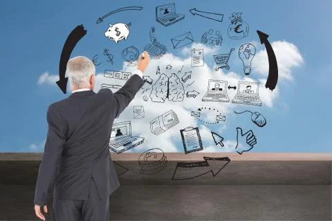 Composite image of rear view of serious businessman standing and writing Stock Illustration