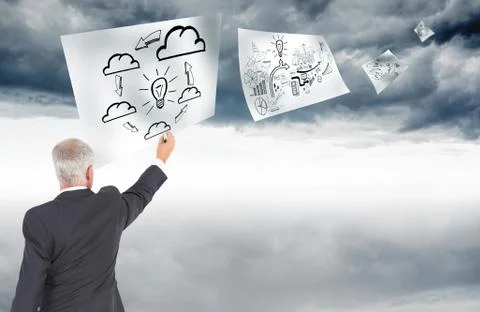 Composite image of rear view of serious businessman standing and writing Illustrazione stock