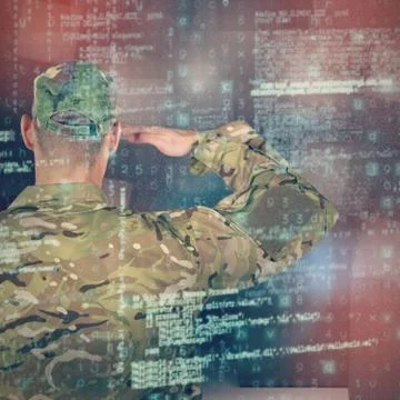 Composite image of rear view of soldier saluting 写真素材